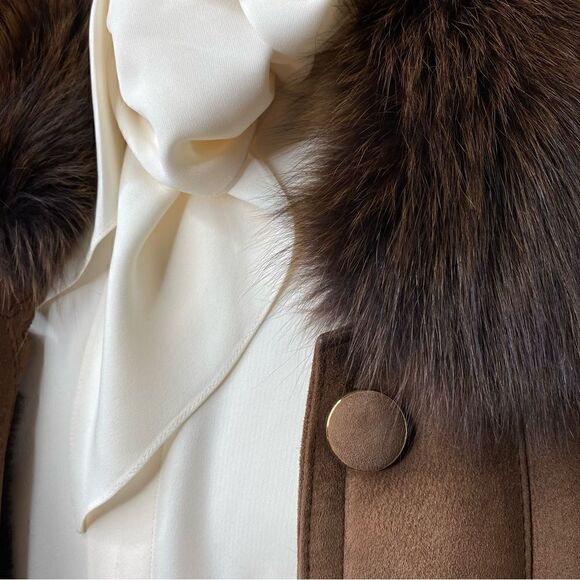 Ralph Lauren Vintage Chocolate Brown Fur Trimmed Lamb Shearling Swing Coat - Picture 14 of 16